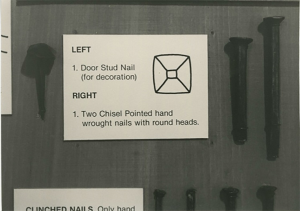 Three images of the original museum exhibits curated by Sandy MacLachlan: different types of nails